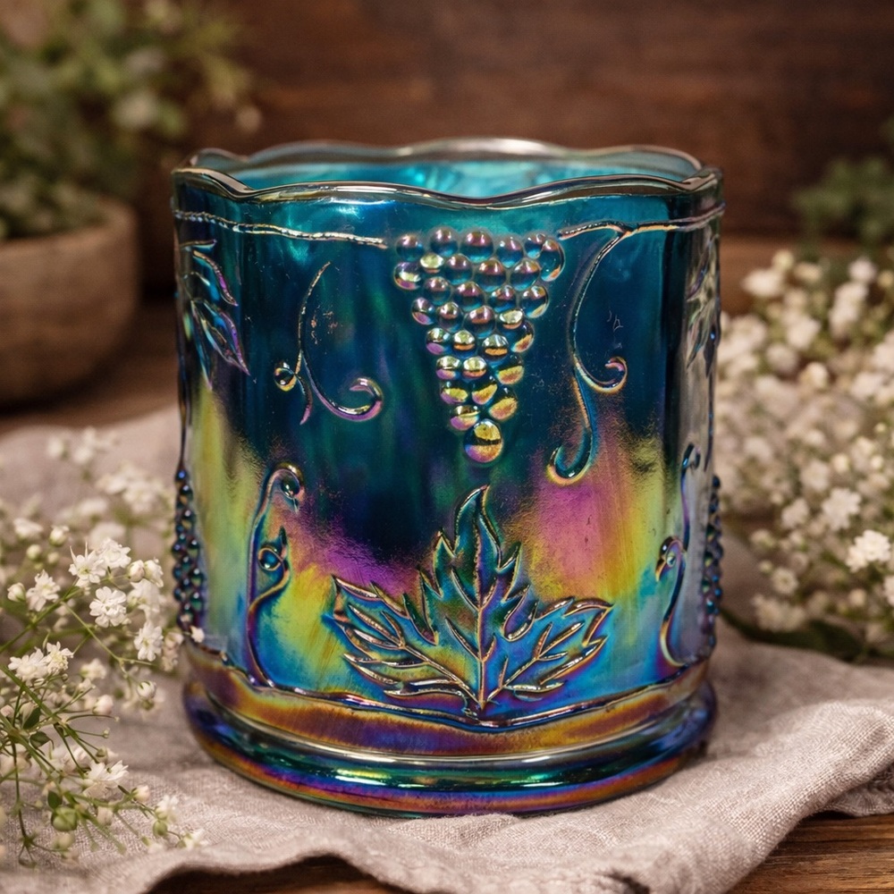 Vtg MCM Indiana Carnival Glass Jar Canister Iridescent Blue Grape & Leaf Antique